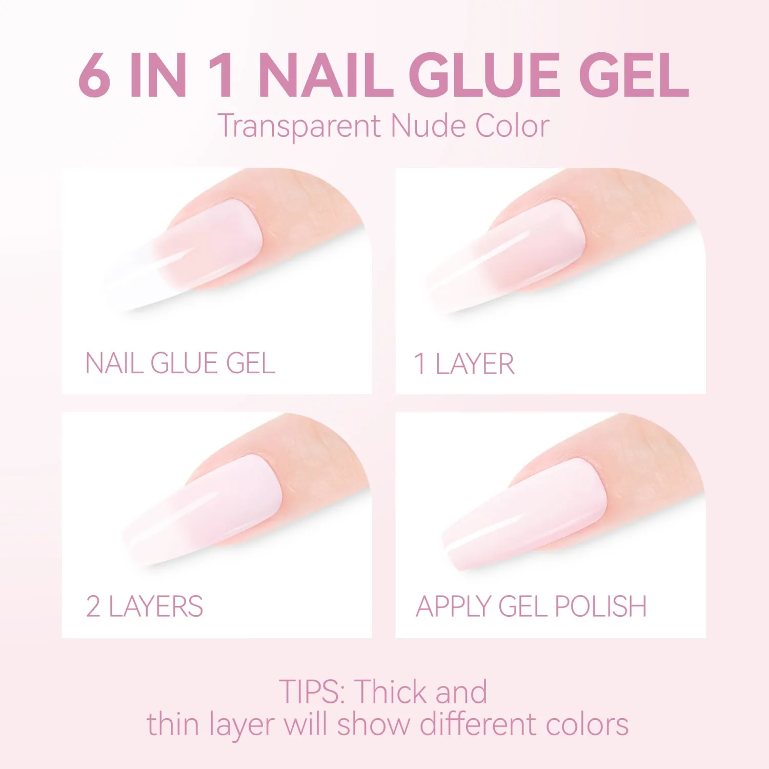 Gelike EC Pink Nail Glue Gel - 6 in 1 Sheer Baby Pink Nail Glue Nail Polish for Clear Acrylic Nail French Manicure,Long Lasting Adhesive UV Nail Glue for Clear Press On Nail Tips,UV Cure Required
