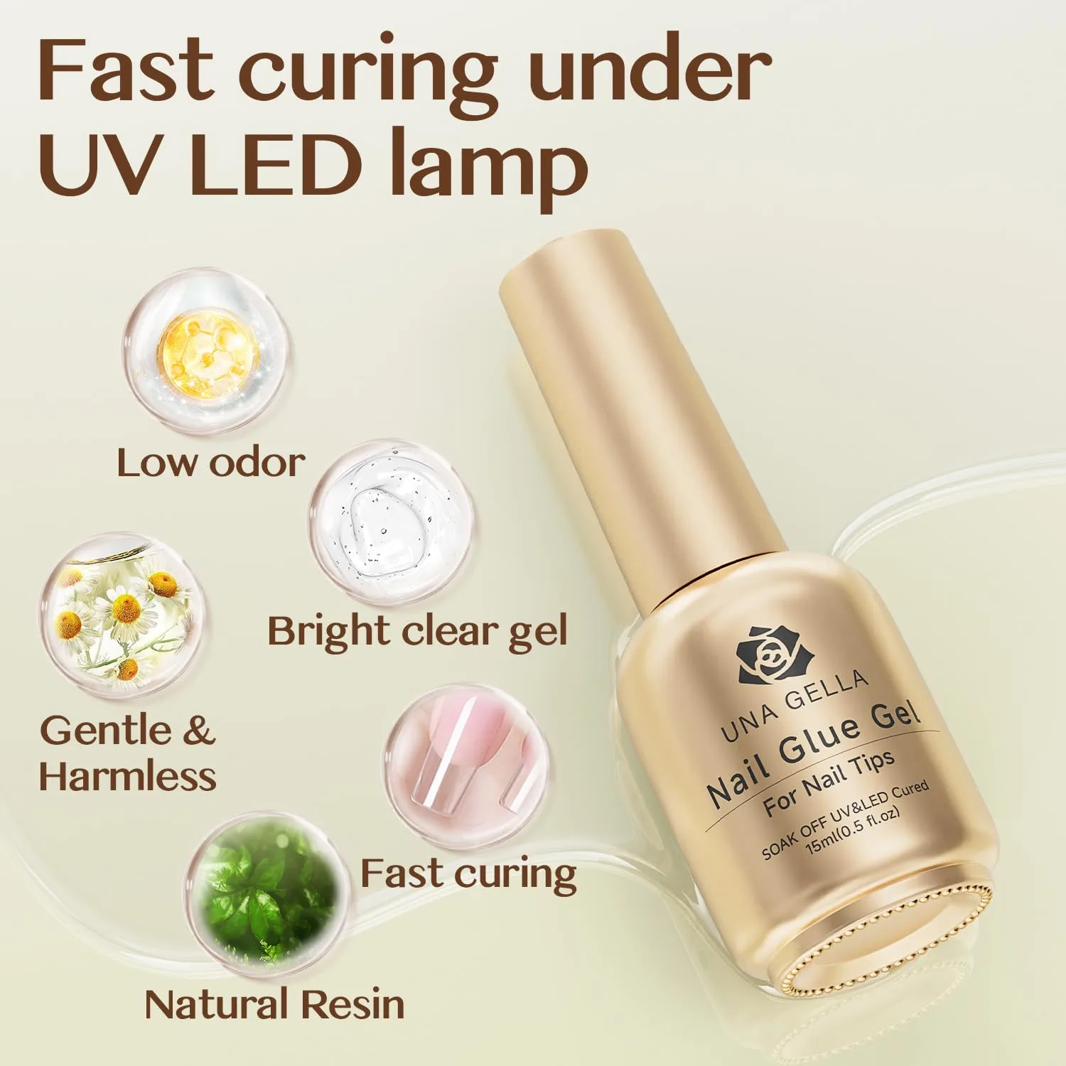 UNA GELLA 6 In 1 Gel Nail Glue for Clear Acrylic Nails Tips, 15ml Long Lasting Super Strong Brush Nail Glue for Base Coat, Clear Fake Nails, and Soft Gel Tips Lamp Curing Needed UV