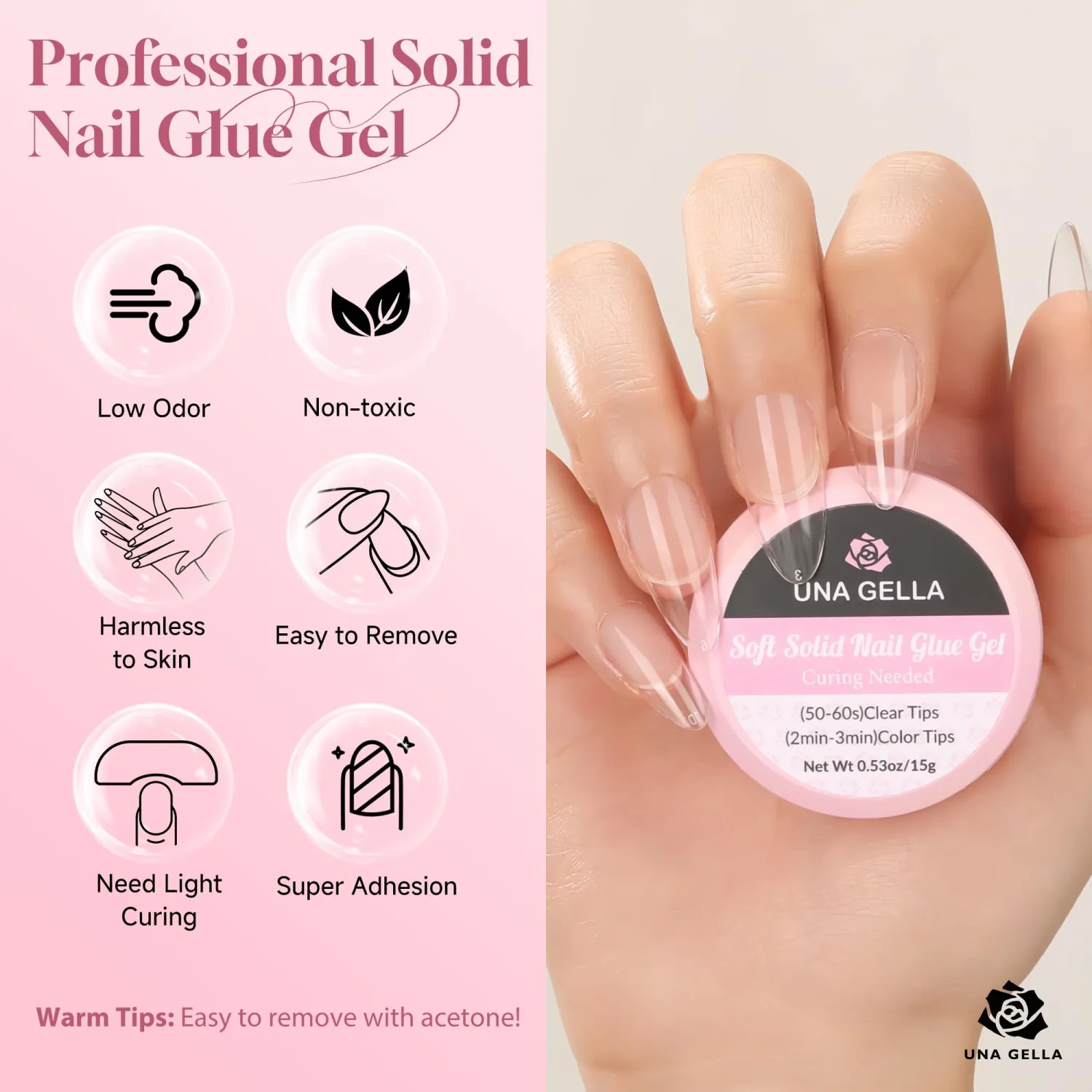 UNA GELLA Solid Nail Glue, Strong Adhesive Solid Nail Glue Gel for Press On Nails Tips 15g - Hard Gel Nail Extension for Clear Acrylic Fake Nails Home Salon, U V Curing Needed