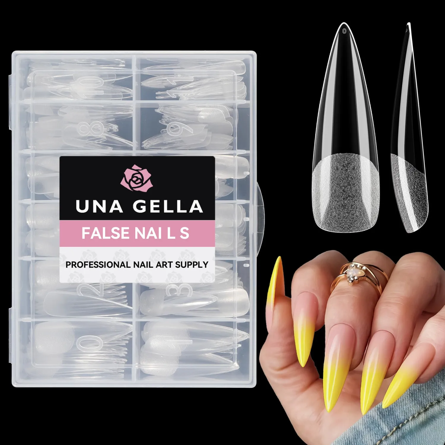 UNA GELLA Clear Stiletto Fake Nails 216pcs Extra Long Stiletto Nails Full Cover Clear Gel Nail Tips No Need File Long Stilettos Fake Nails 12 Sizes Gelly Tips for Nail Extension Home DIY Salon