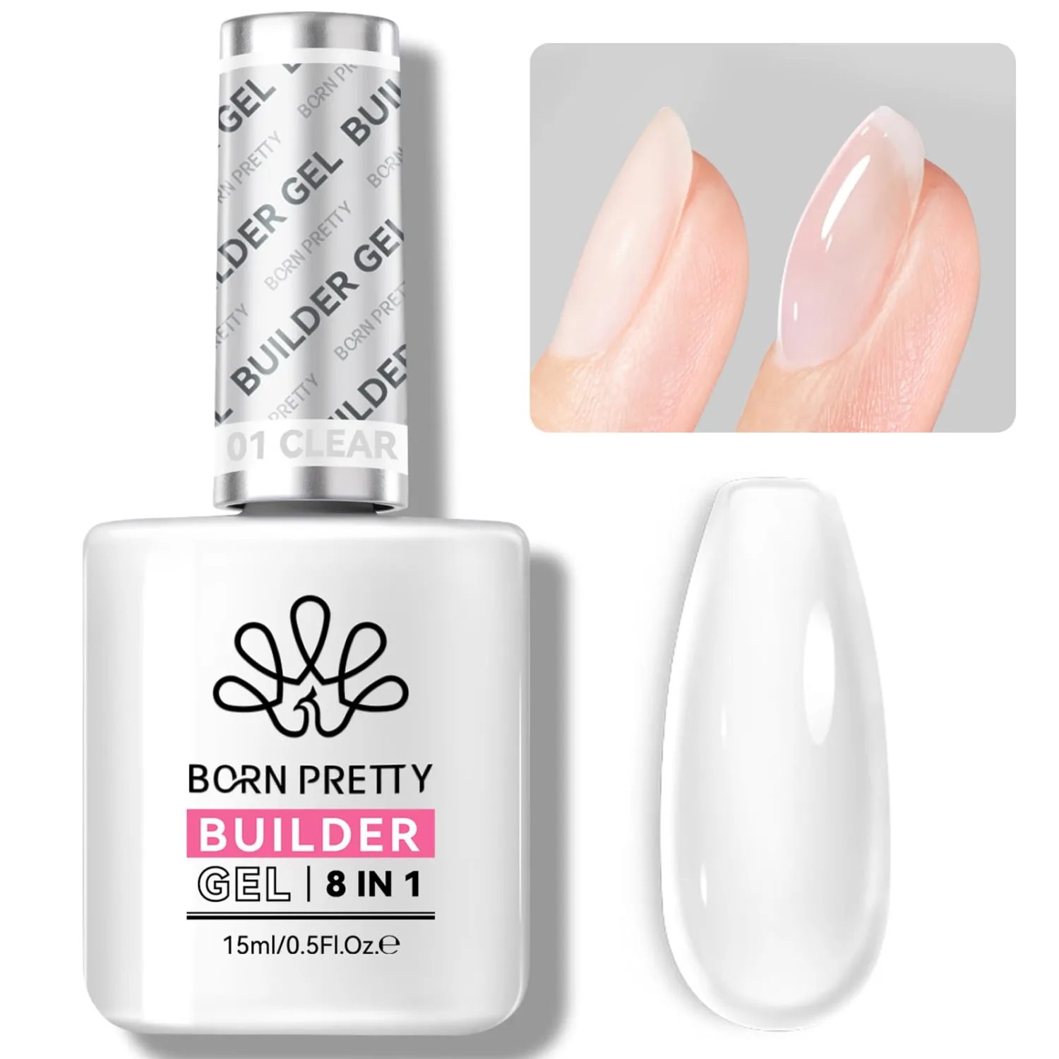 BORN PRETTY Builder Gel for Nails,8-in-1 Clear Builder Nail Gel for Nail Apex and Extension Strengthener,Nail GLue Gel Hard Gel Base Rhinestone Nail Glue Gel in a Bottle 15ml
