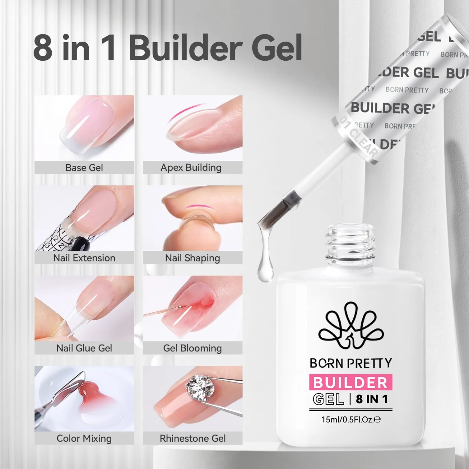 BORN PRETTY Builder Gel for Nails,8-in-1 Clear Builder Nail Gel for Nail Apex and Extension Strengthener,Nail GLue Gel Hard Gel Base Rhinestone Nail Glue Gel in a Bottle 15ml