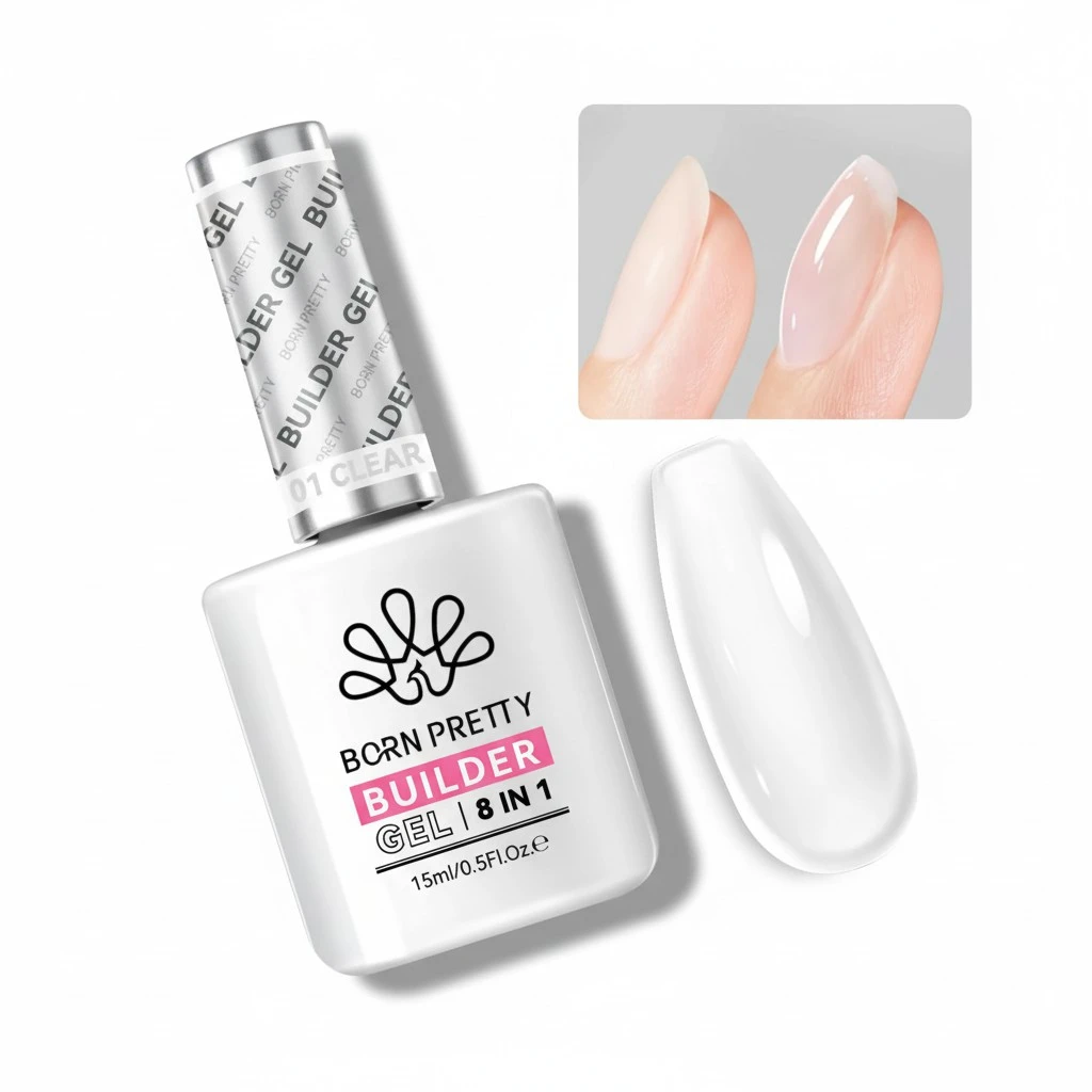 BORN PRETTY Builder Gel for Nails,8-in-1 Clear Builder Nail Gel for Nail Apex and Extension Strengthener,Nail GLue Gel Hard Gel Base Rhinestone Nail Glue Gel in a Bottle 15ml