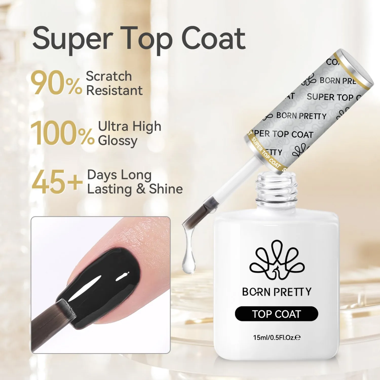 Born Pretty Super Top Gel, High Gloss Shiny Long Lasting Top Gel Polish, Glossy Clear Soak Off U V & Nail Lamp Gel Nails DIY Top Gel Coat 15ml 2pcs