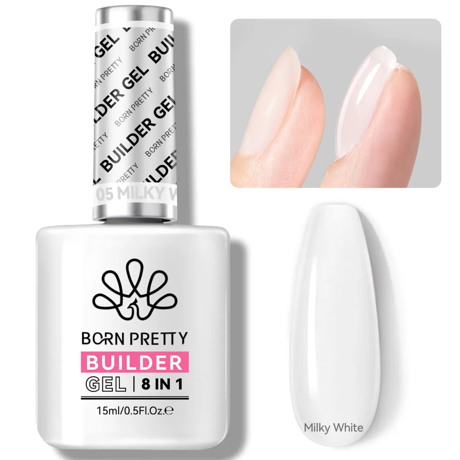 BORN PRETTY Builder Gel for Nails, 8-in-1 Milky White Clear Builder Nail Gel for Nail Apex and Extension Strengthener, Nail GLue Gel Hard Gel Base Rhinestone Nail Glue Gel in a Bottle 15ml