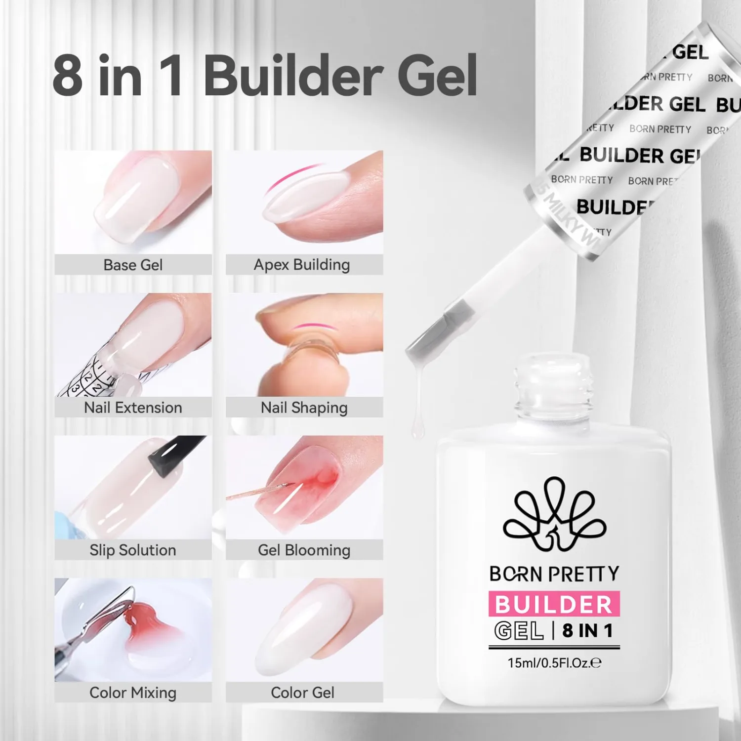 BORN PRETTY Builder Gel for Nails, 8-in-1 Milky White Clear Builder Nail Gel for Nail Apex and Extension Strengthener, Nail GLue Gel Hard Gel Base Rhinestone Nail Glue Gel in a Bottle 15ml