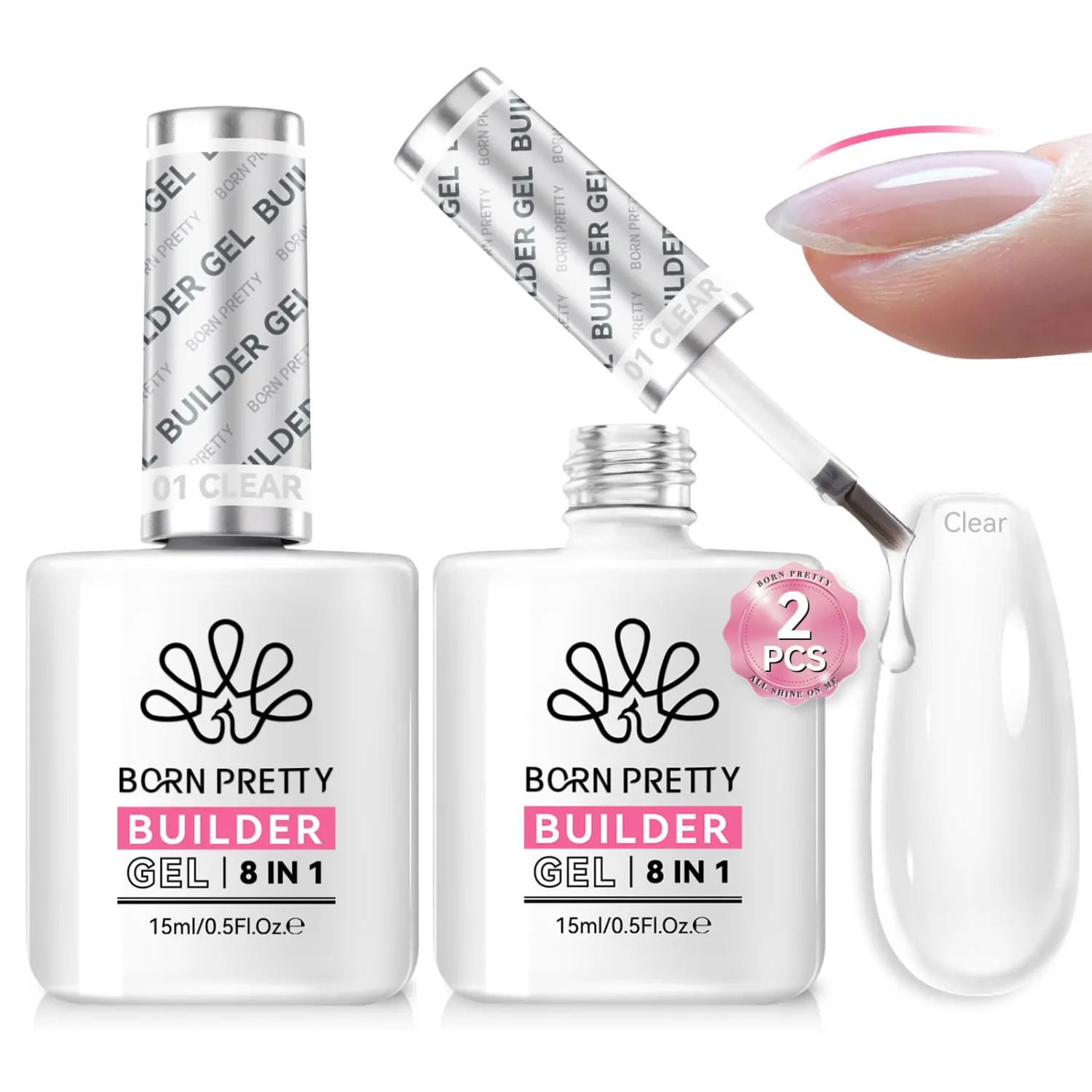 BORN PRETTY Builder Gel 8-in-1, 2PCS 15ML Clear Builder Nail Gel Set, Transparent Extension Gel Rhinestone Glue for Nail Art Base Gel, LED Nail Lamp Cured Hard Gel Builder for Nail Thickening