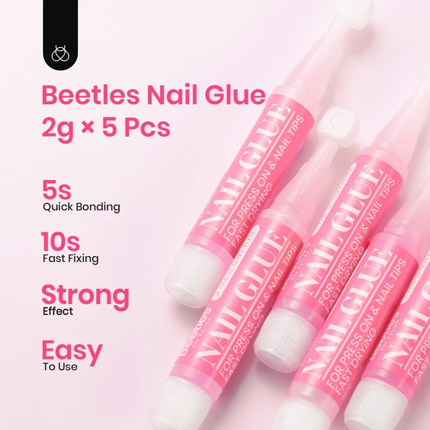 Beetles Super Strong Nail Glue for Acrylic Nails Press On Nails Professional Nail Tips Glue for Stick On Nails Long Lasting Nail Glue for Fake Nails Portable Nail Glue 0.07oz 5Pcs