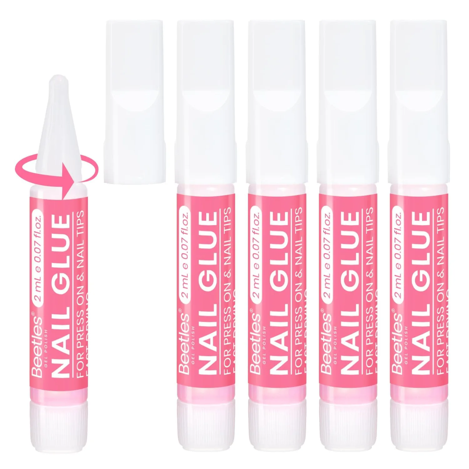 Beetles Super Strong Nail Glue for Acrylic Nails Press On Nails Professional Nail Tips Glue for Stick On Nails Long Lasting Nail Glue for Fake Nails Portable Nail Glue 0.07oz 5Pcs