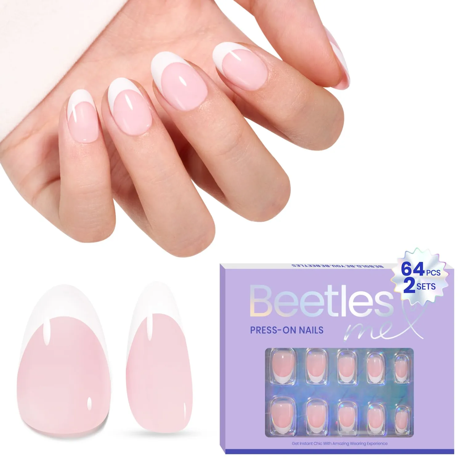 Beetles Press On Nails Almond, 64Pcs Pink Short French Tip Nail Tips Kit Fit Perfectly Nail Tips with Super-Hold Nail Glue DIY Manicure for Nail Extension Designs