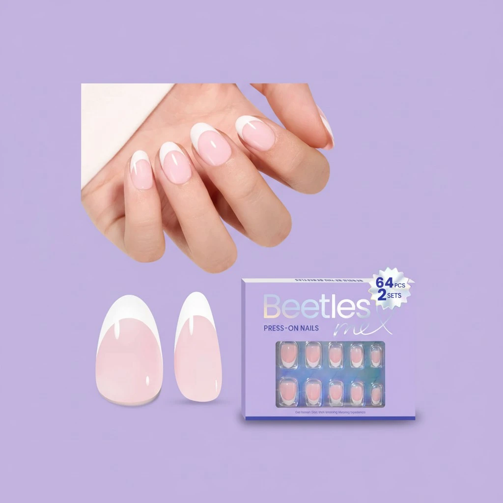 Beetles Press On Nails Almond, 64Pcs Pink Short French Tip Nail Tips Kit Fit Perfectly Nail Tips with Super-Hold Nail Glue DIY Manicure for Nail Extension Designs