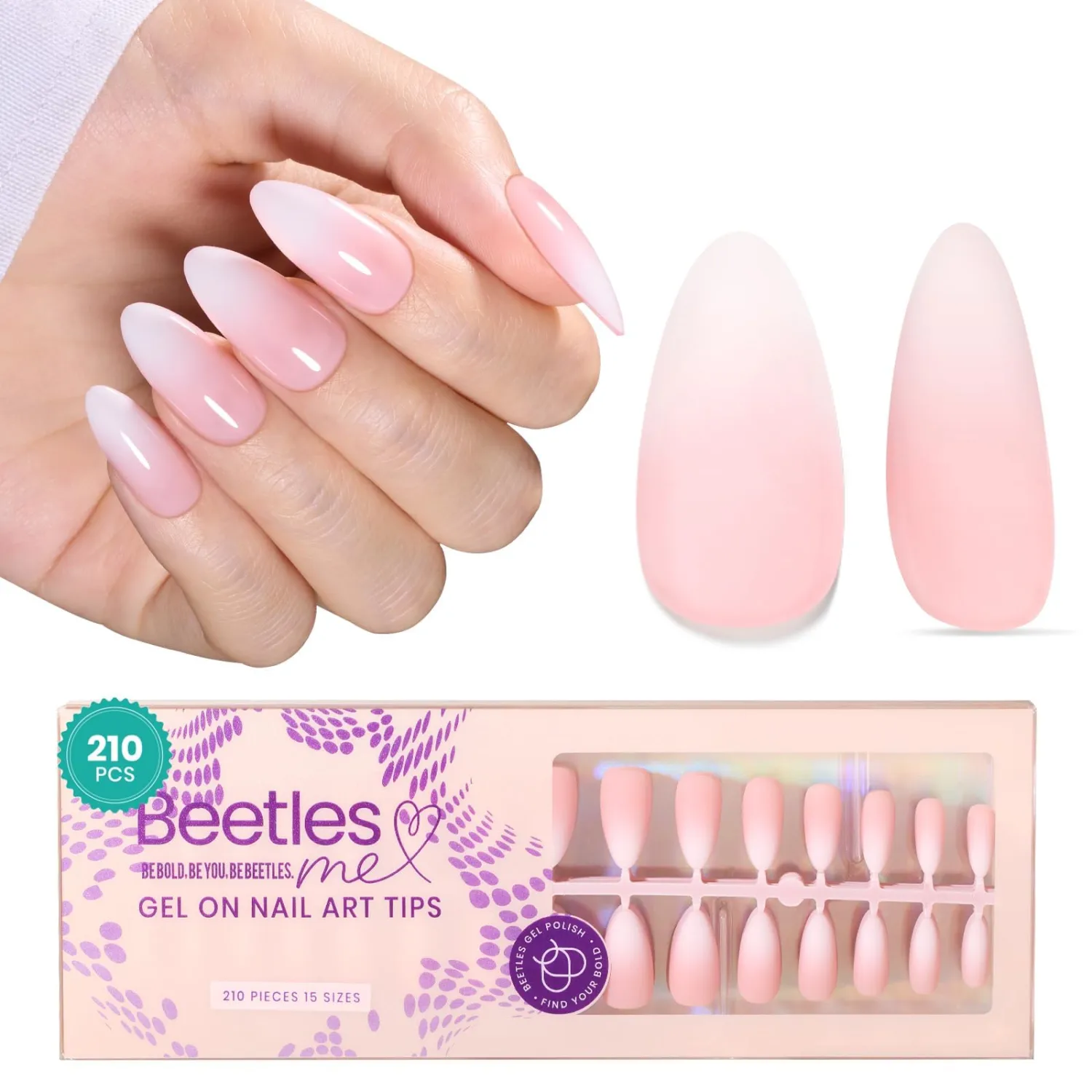 Beetles Almond Press on Nails - 210Pcs Ombre Nails Medium Almond Press on Nails 4-in-1 French Tip Press On Nails Almond Nails Press on 15 Sizes Reusable Fake Nails