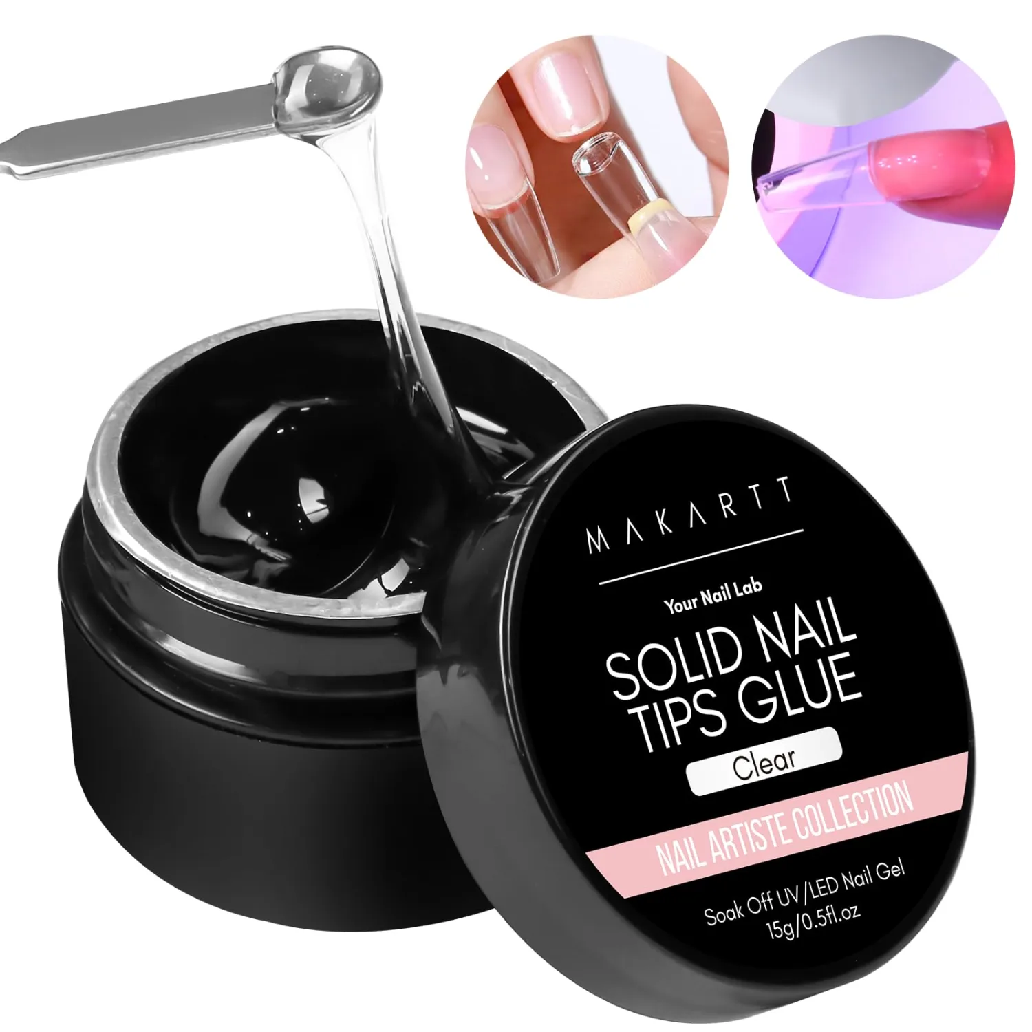 Makartt Solid Nail Glue Gel: Clear Long-Lasting Adhesive for Fake Tips, Press on and Acrylic Nails, Non-Stick Hands Hard Gels for DIY Art and Home Salon Use 15ml