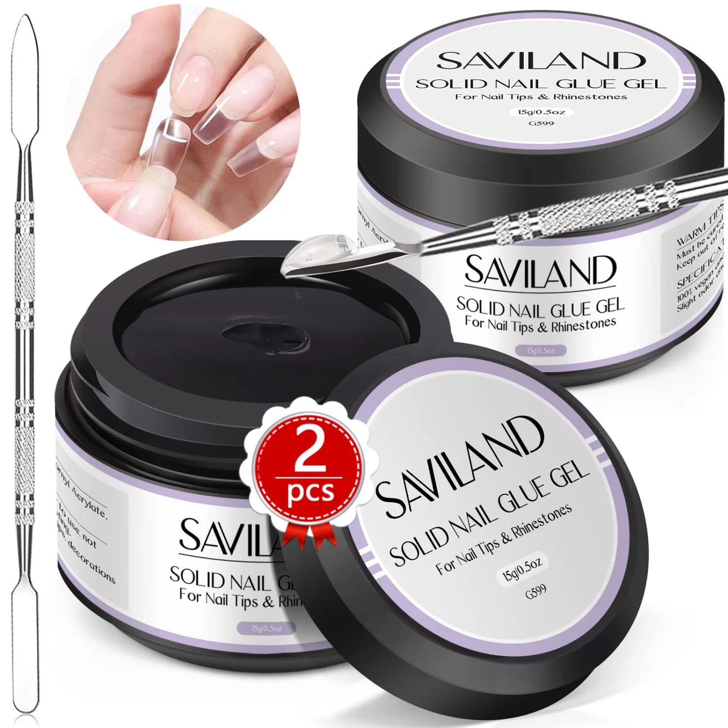 SAVILAND 30G Solid Nail Glue Gel: 2 PCS Gel Nail Glue for Acrylic Nails Strong Adhesive Solid Rhinestone Gel for Fake Nail Tips Women Home Salon DIY U V LED Lamp Cured