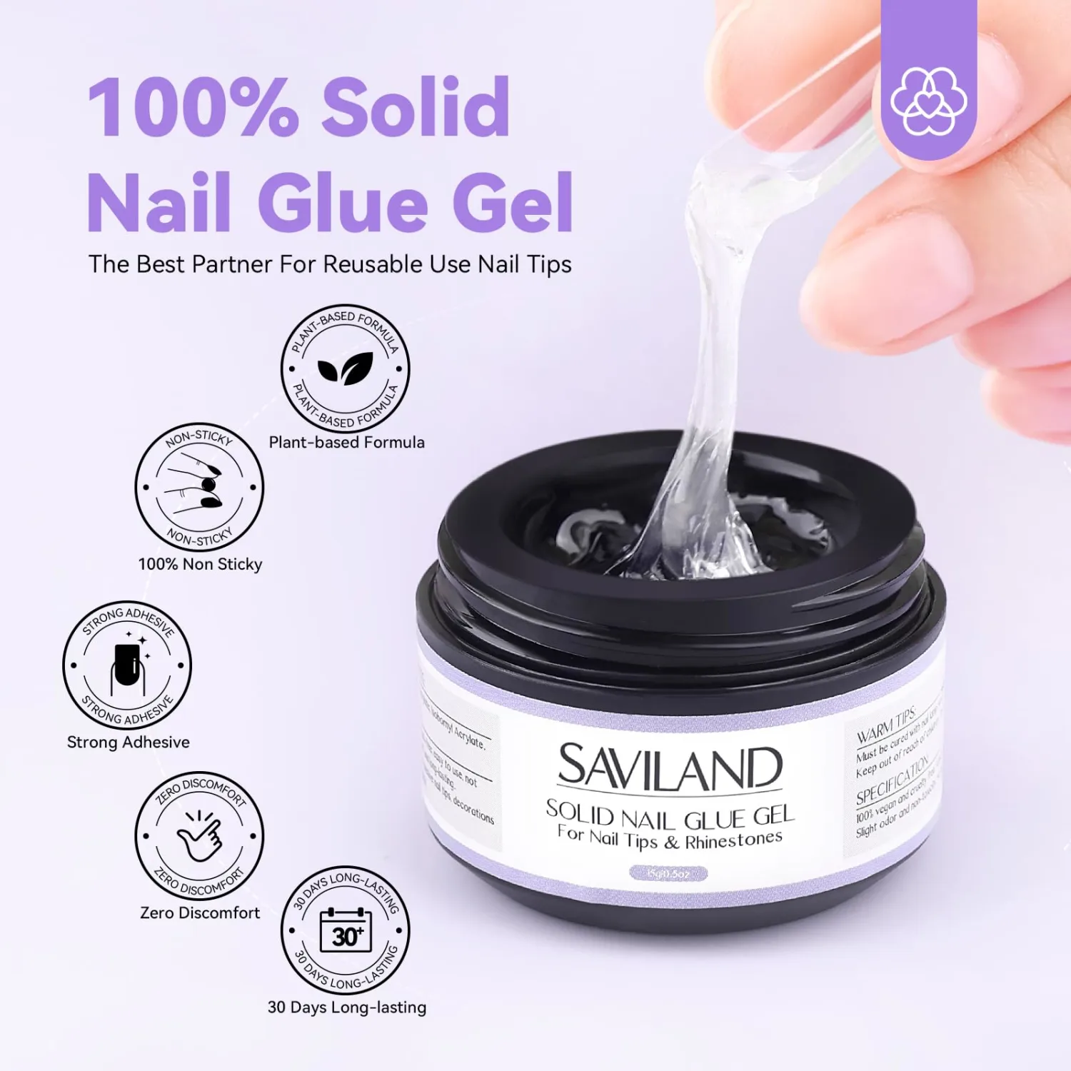 SAVILAND 30G Solid Nail Glue Gel: 2 PCS Gel Nail Glue for Acrylic Nails Strong Adhesive Solid Rhinestone Gel for Fake Nail Tips Women Home Salon DIY U V LED Lamp Cured