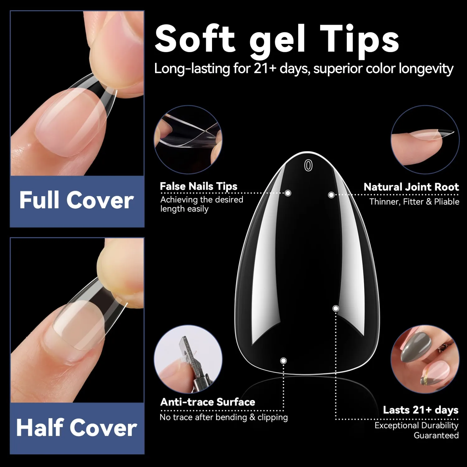 UNA GELLA Short Almond Gel Nail Tips, 504pcs Pre-shape Short Almond Nail Tips 12 Sizes Press on Nails Soft Gel Acrylic Clear Fake Full Cover for Nails Extension Home DIY Salon