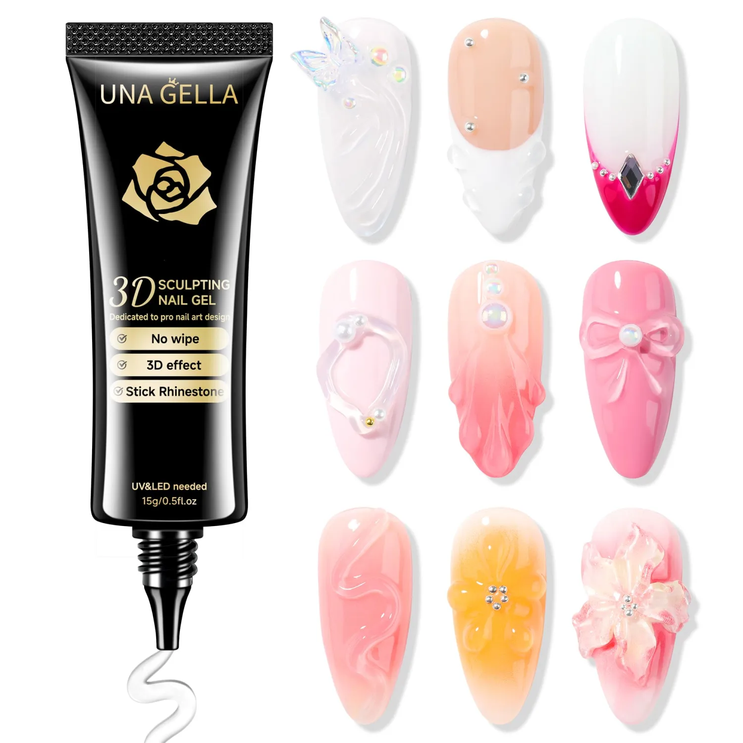 UNA GELLA 3D Gel Nail Art, Sculpting Gel Nail Glue 15g for Nails Tips, Chrome Nails Powder and Nail Charms, 4 in 1 No Wipe Clear Lamp Curing Needed for Drawing, Molding and Party Nail Art