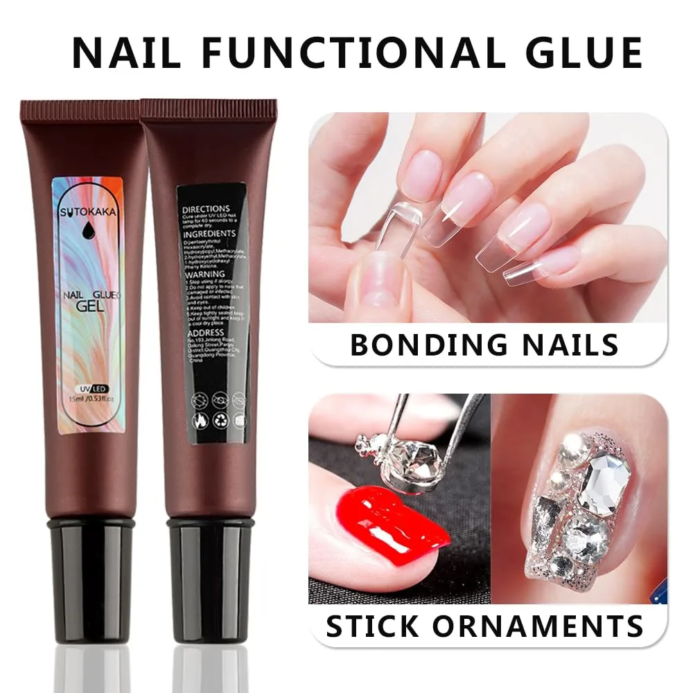 2pcs 15ml Solid Nail Gel Glue for Acrylic Nail Tip Press on Nails, UV LED Lamp Curing Needed Nail Extension Tools, Strong Adhesive Rhinestone Glue Gel for Nail Art DIY Home Salon