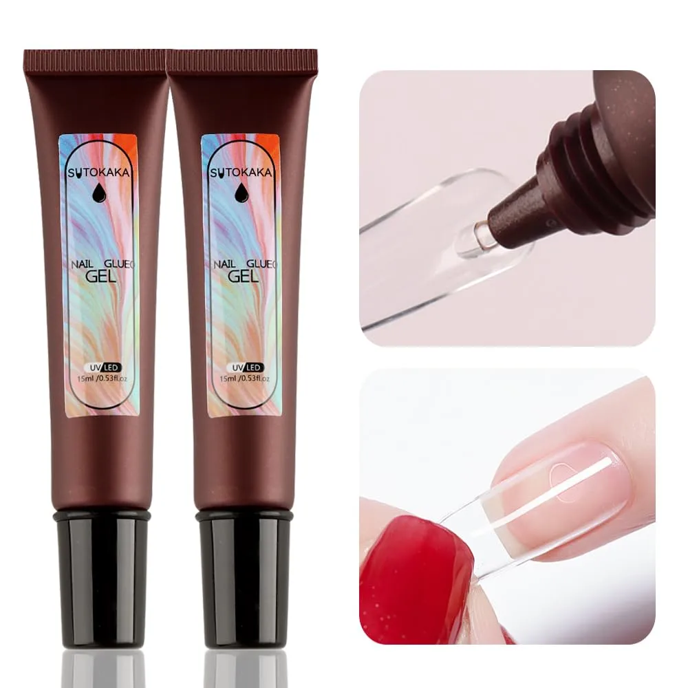 2pcs 15ml Solid Nail Gel Glue for Acrylic Nail Tip Press on Nails, UV LED Lamp Curing Needed Nail Extension Tools, Strong Adhesive Rhinestone Glue Gel for Nail Art DIY Home Salon