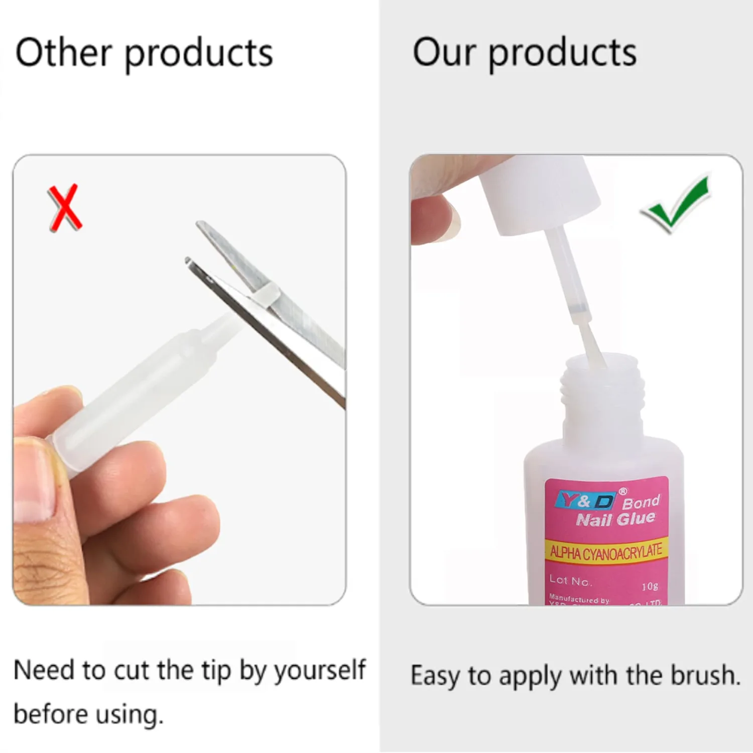 10PCS Brush on Nail Glue for Acrylic Nail Tips, Long Lasting Nail Glue Adhesive Super Bond (10g/pc)