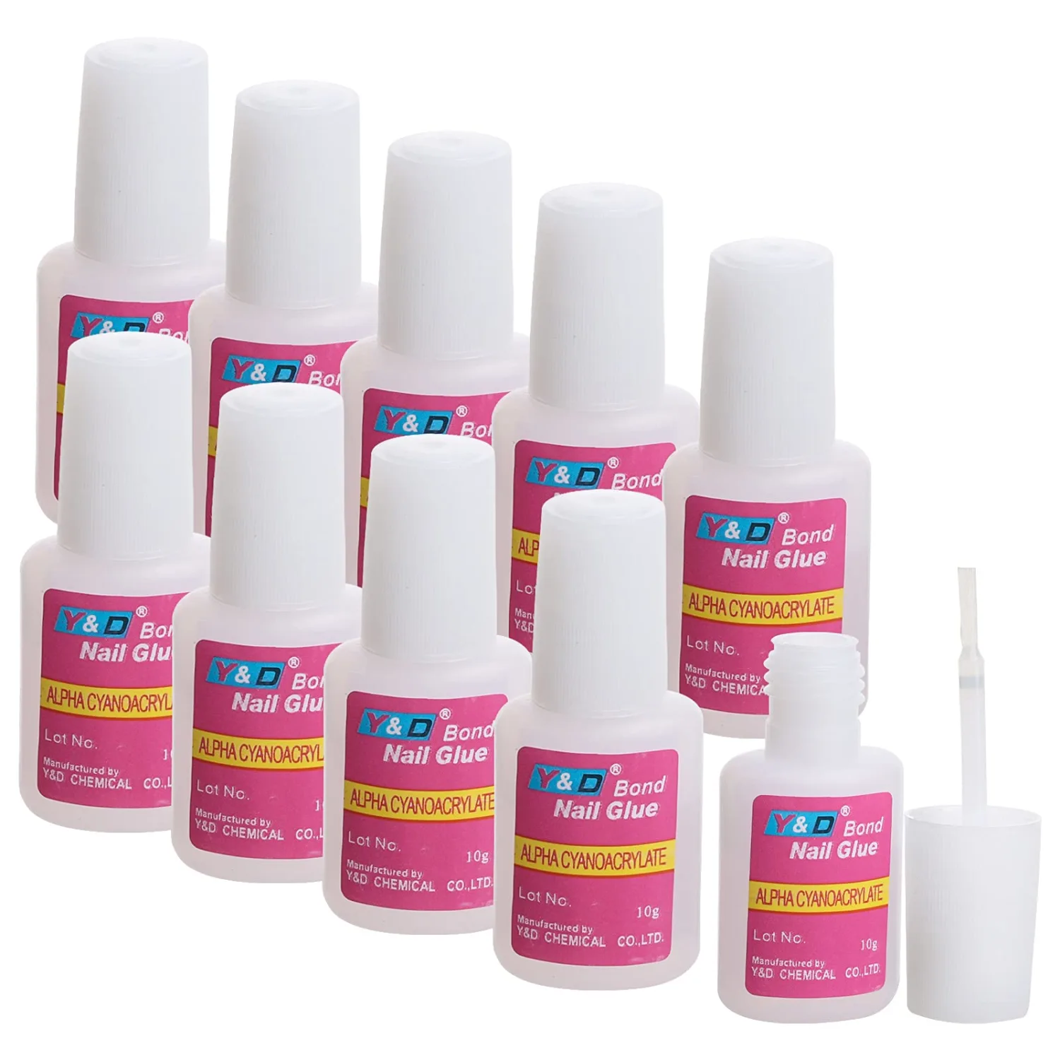 10PCS Brush on Nail Glue for Acrylic Nail Tips, Long Lasting Nail Glue Adhesive Super Bond (10g/pc)