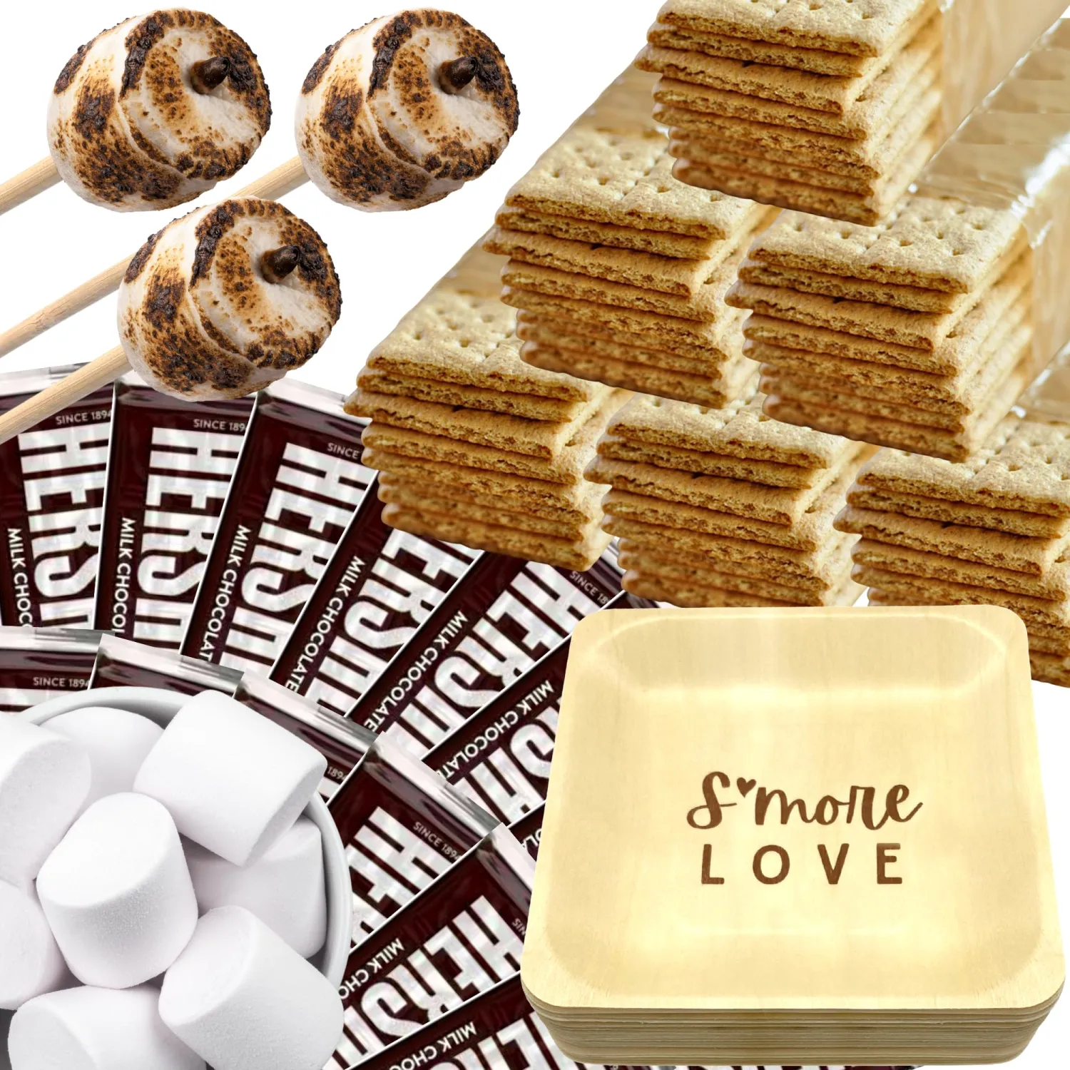 [400 Piece] Wedding/Party Bulk S'mores Kit - Makes Up To 108 S'mores - Includes 12" Roasting Sticks, Chocolate, Graham Crackers, Plates and Marshmallows