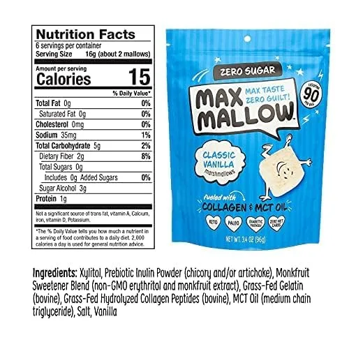 Max Mallow Sugar Free Marshmallows - Keto Friendly, Perfect for S'mores, Hot Chocolate, and Baking with Zero Sugar Snacks, Smores Mct Oil Zero Sugar Marshmellow Marshmallow Classic Vanilla, 2 Pack