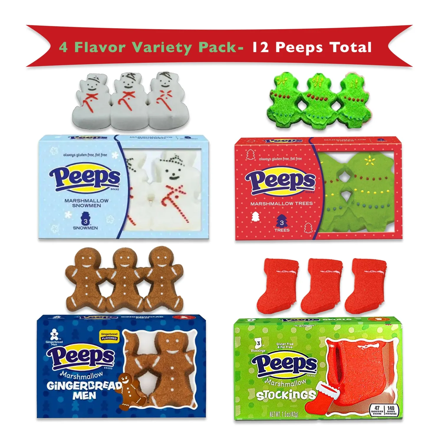 Christmas Peeps Marshmallow Candy Variety 12 Pack- 4 Flavors of Christmas Marshmallow Peeps Christmas Candy, Christmas Stocking Stuffers, Christmas Candy Stocking Stuffers, Peeps Snowmen, Candy Cane