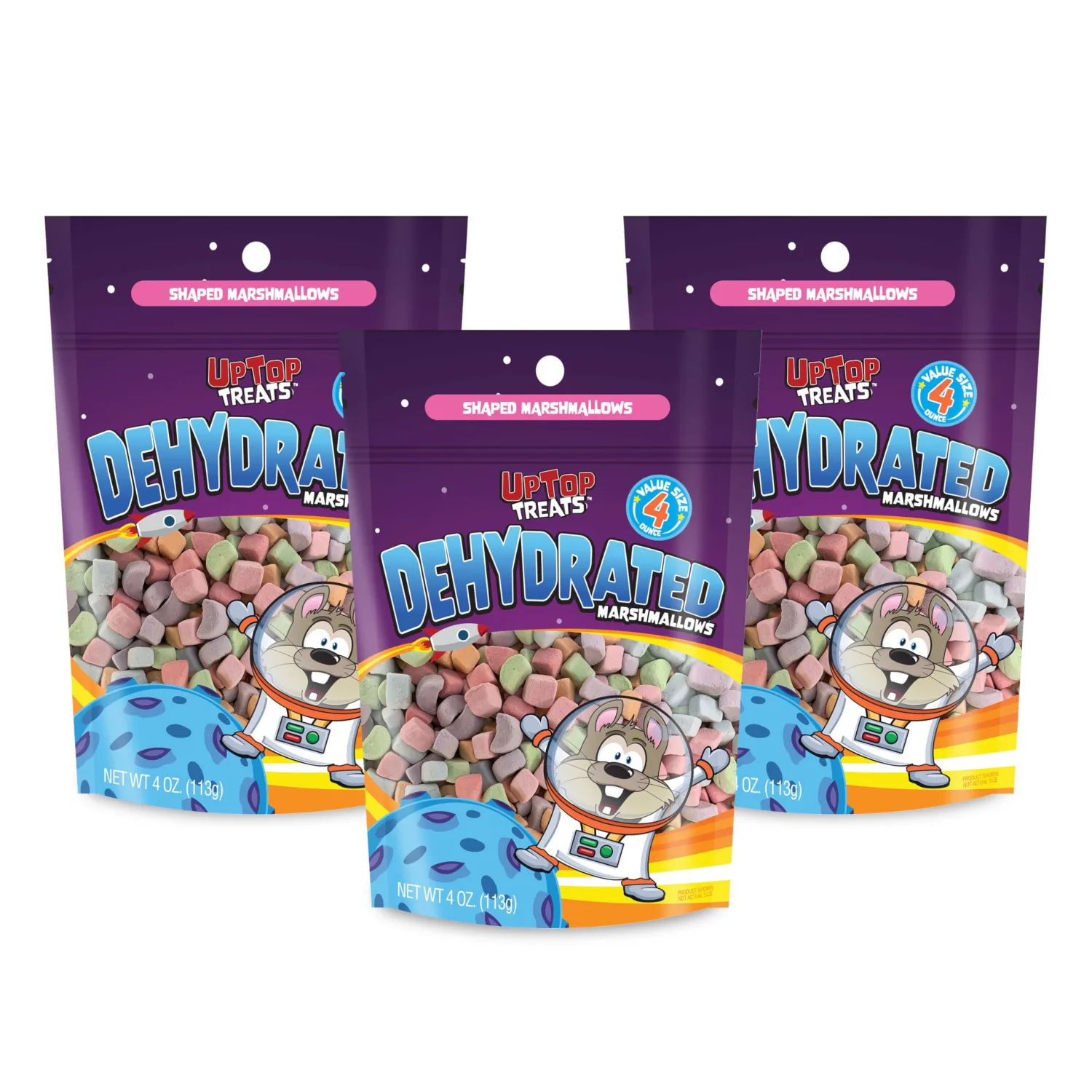 UpTop Treats Vanilla Dehydrated Marshmallows, 3 Pack, Fun Shapes & Colors, Resealable Bulk Bag, Crunchy Marshmallow Sweet Treats For Hot Chocolate, Cereal, Ice Cream Topping, 4 oz Bags (12oz Total)