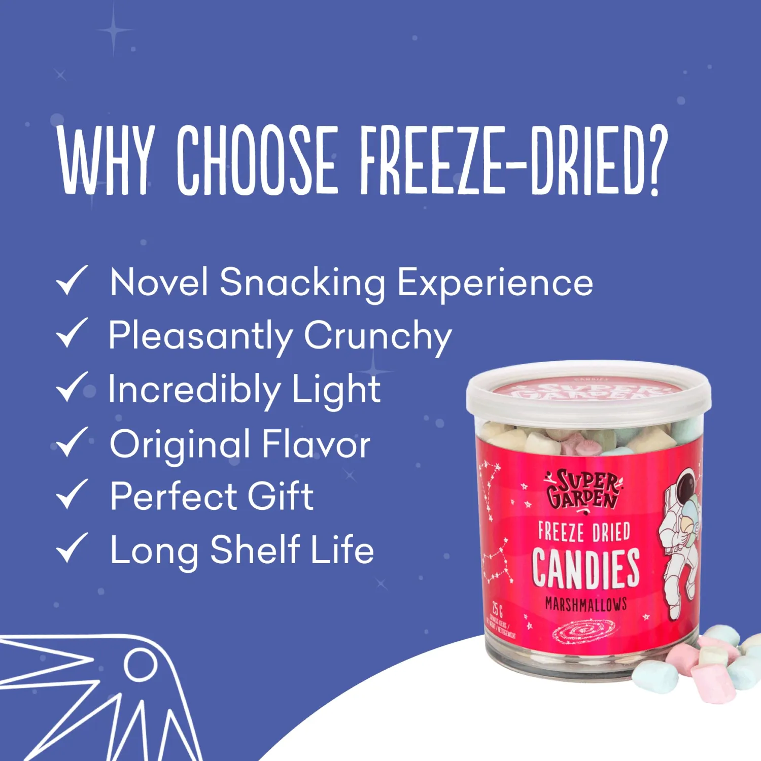Super Garden Freeze Dried Marshmallows Mini | Super Crunchy Freeze Dried Candy | Delicious Freeze Dried Dessert for Kids | Perfect for Cake Decoration, Hot Cocoa, or Snacking | Space and Astronaut Food | 0.88oz