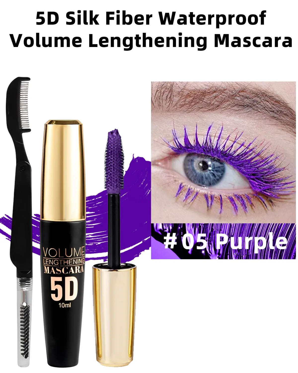 Purple Waterproof Mascara for Eyelashes, 5D Silk Fiber Lash Extension Colored Tube Mascara with Eyelash Brush, Long Lasting Smudge-proof Volumizing Lengthening, Cosplay Party Eye Makeup Gift for Women