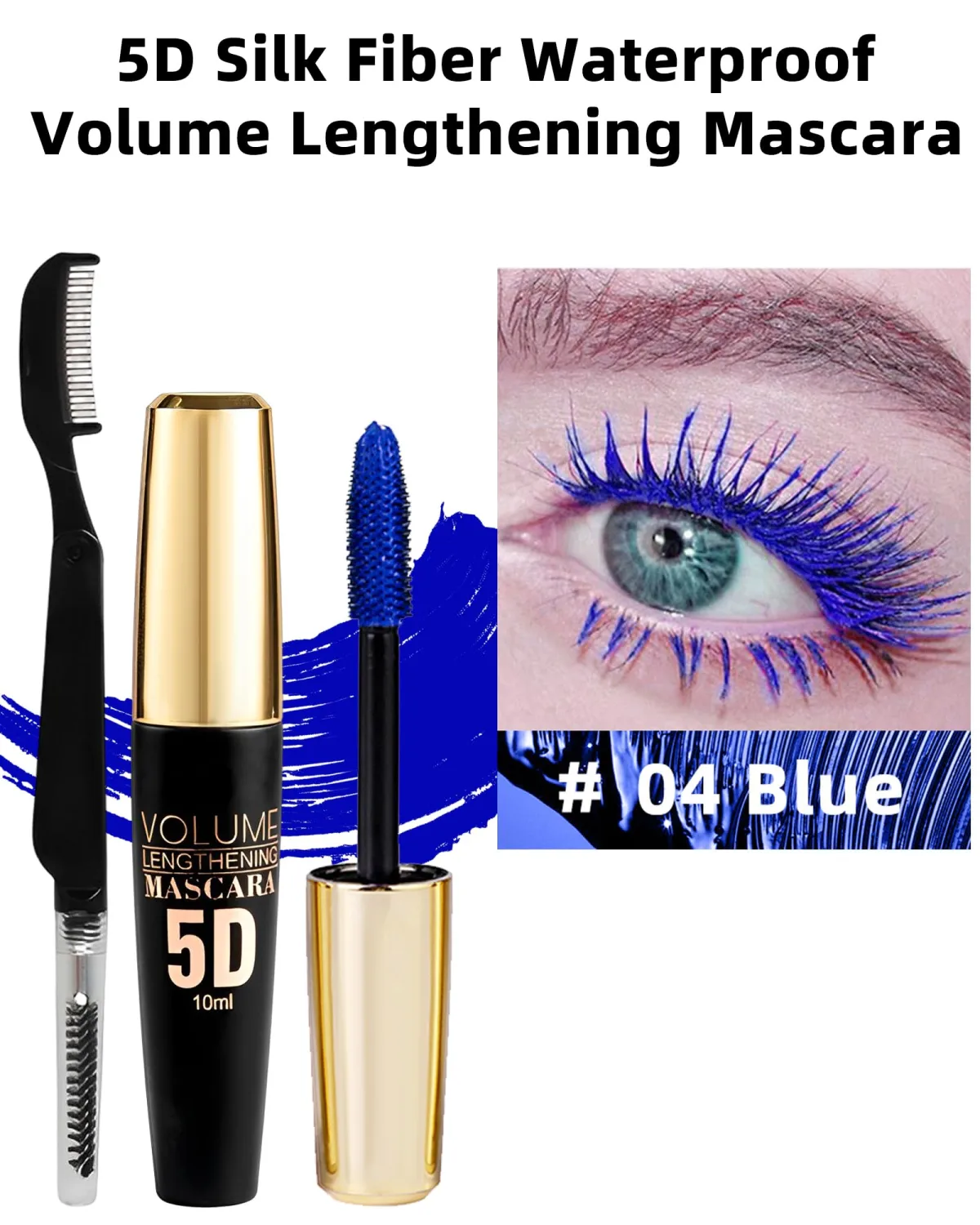 Blue Waterproof Mascara for Eyelashes, 5D Silk Fiber Lash Extension Colored Tube Mascara with Eyelash Brush, Long Lasting Smudge-proof Volumizing Lengthening, Cosplay Party Eye Makeup Gift for Women