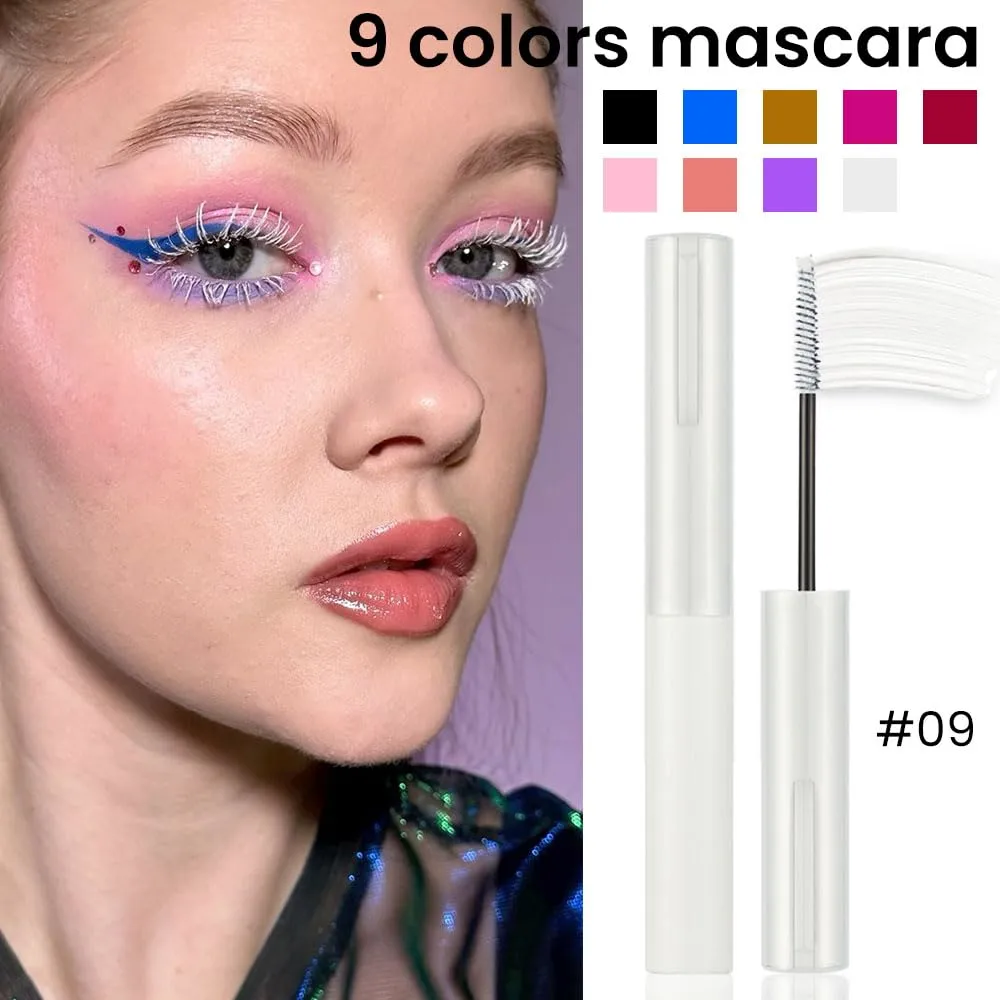 Colored Mascara for Eyelashes with Comb Set,Colorful Waterproof Mascara Long lasting Charming Voluminous Mascara for Women Cruelty Free Vegan Eye Makeup (C-1Pc 09#white, C)