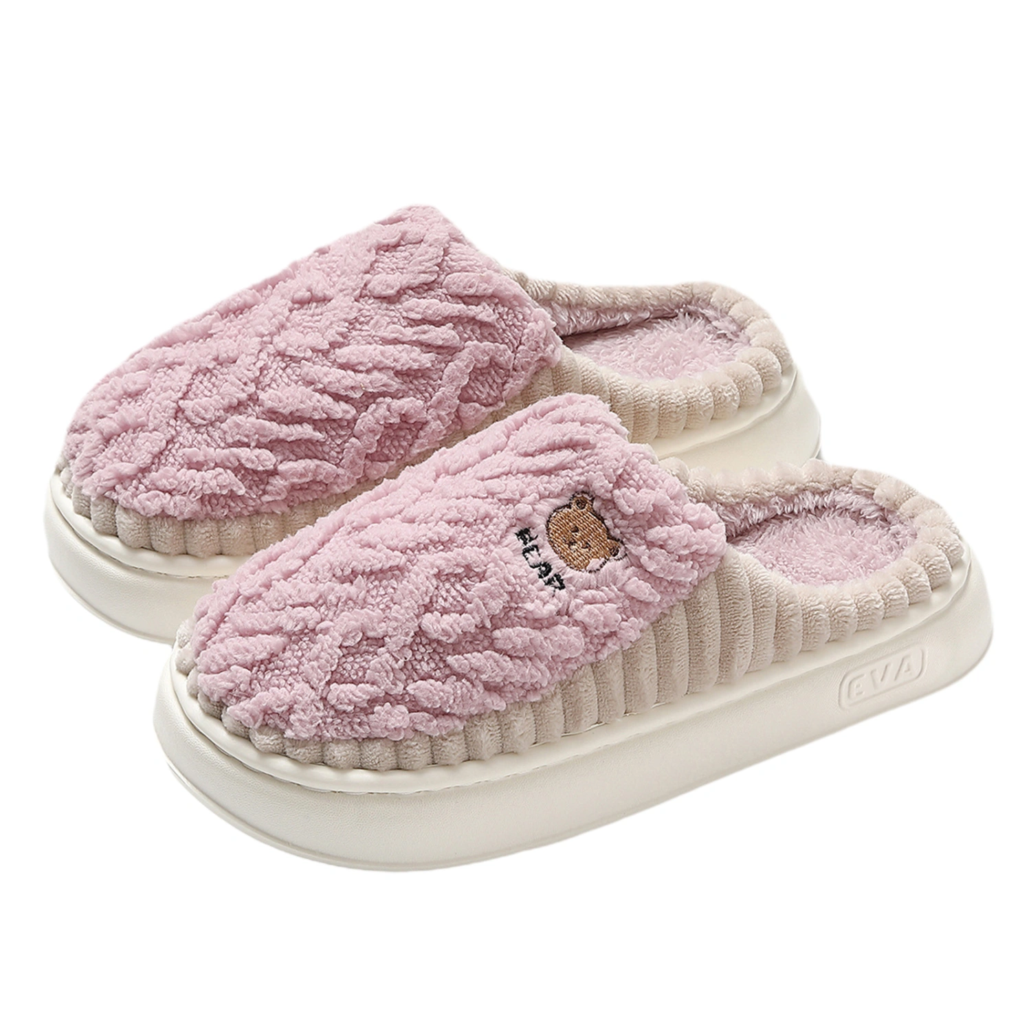 Women Men Soft Fuzzy Slippers Bear Embroidery Contrast Colors Slippers