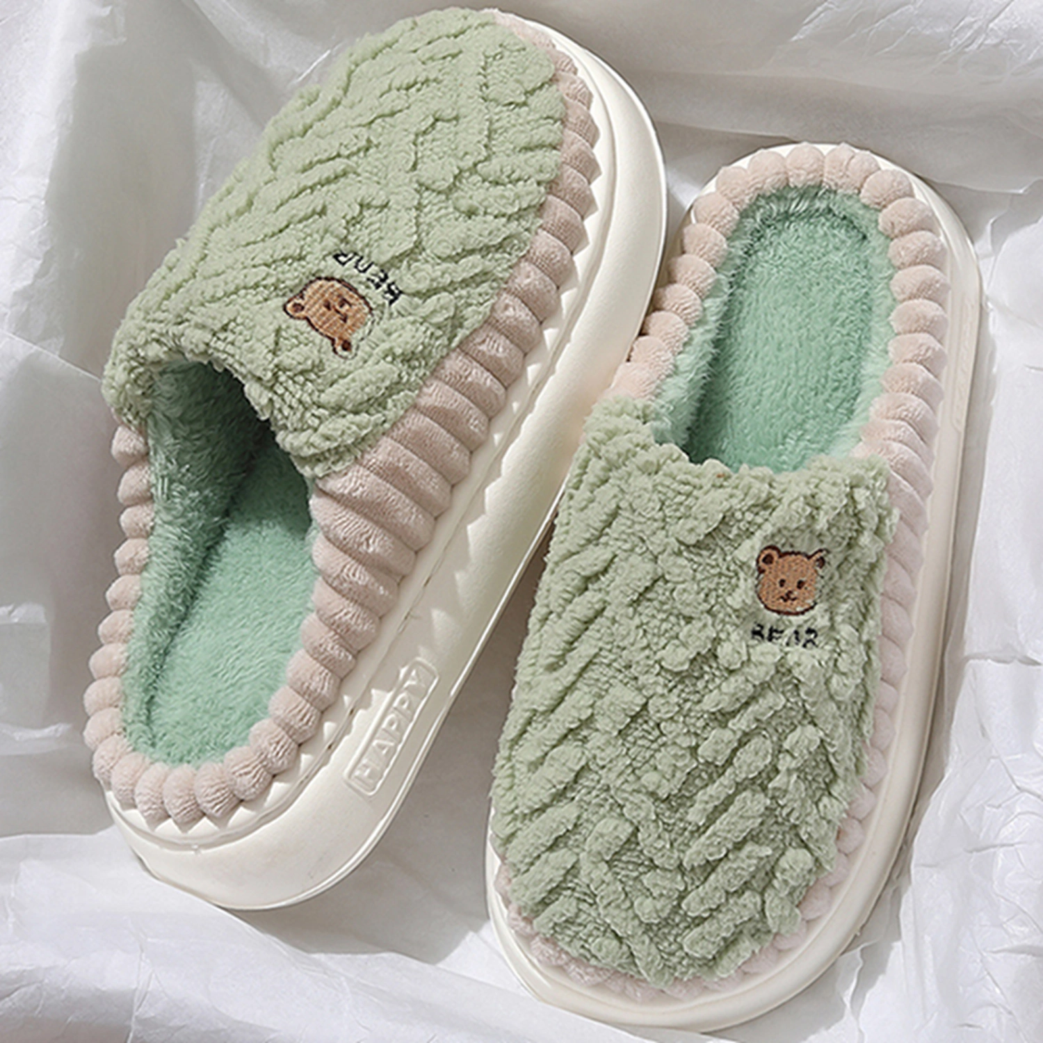 Women Men Soft Fuzzy Slippers Bear Embroidery Contrast Colors Slippers