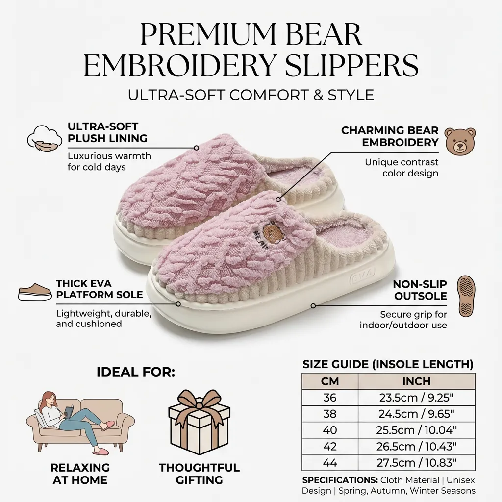 Women Men Soft Fuzzy Slippers Bear Embroidery Contrast Colors Slippers