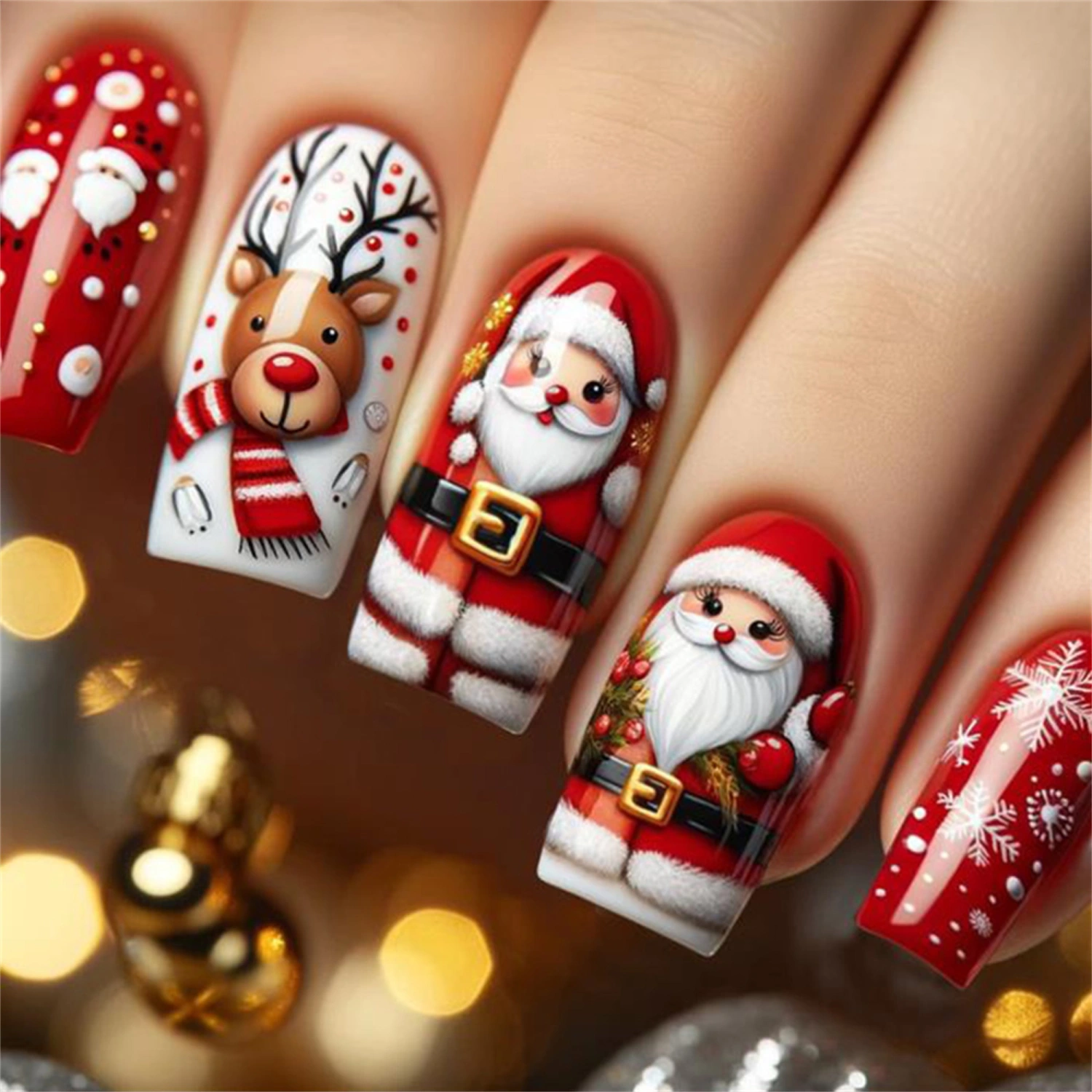 Christmas Press On Nails Set Square Fake Nail Glue On Artificial Nails