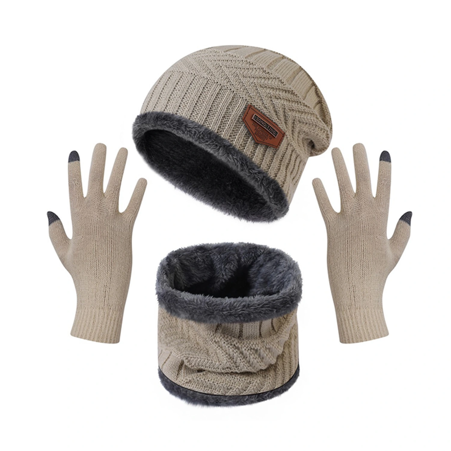 Men Women Winter Knit Beanie Hat with Scarf Gloves 3 Pcs Set Warm Suit