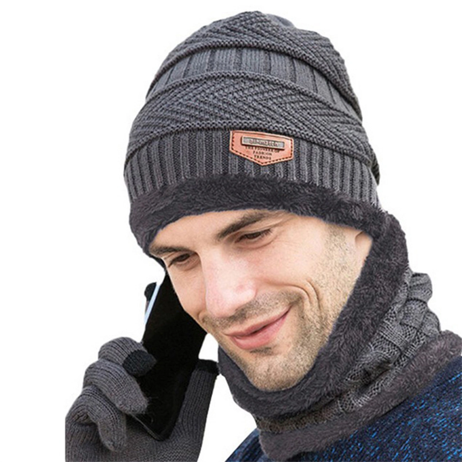 Men Women Winter Knit Beanie Hat with Scarf Gloves 3 Pcs Set Warm Suit