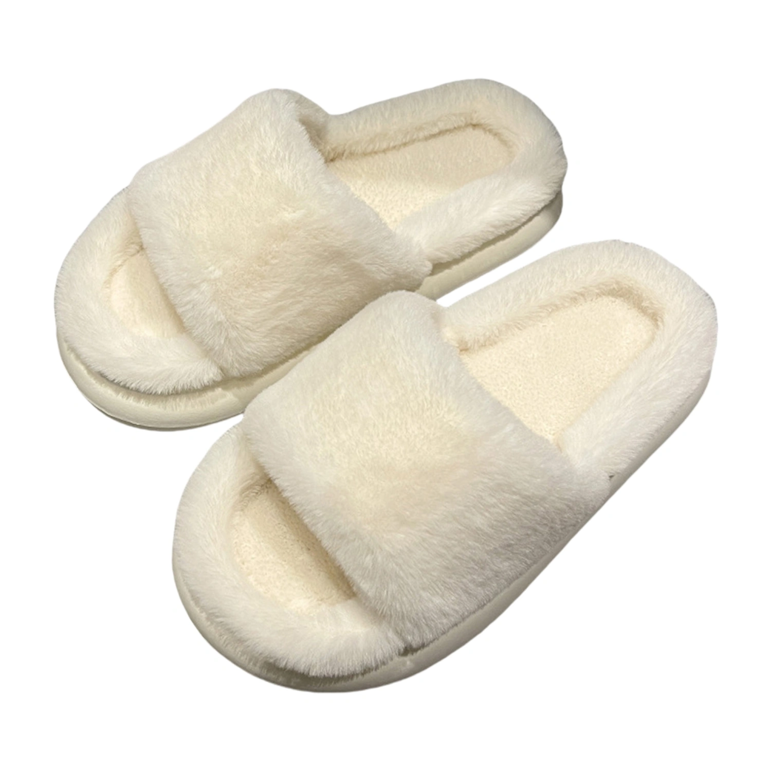 Women Men Fuzzy Slippers Open Toe Thick Soft Sole Winter House Shoes