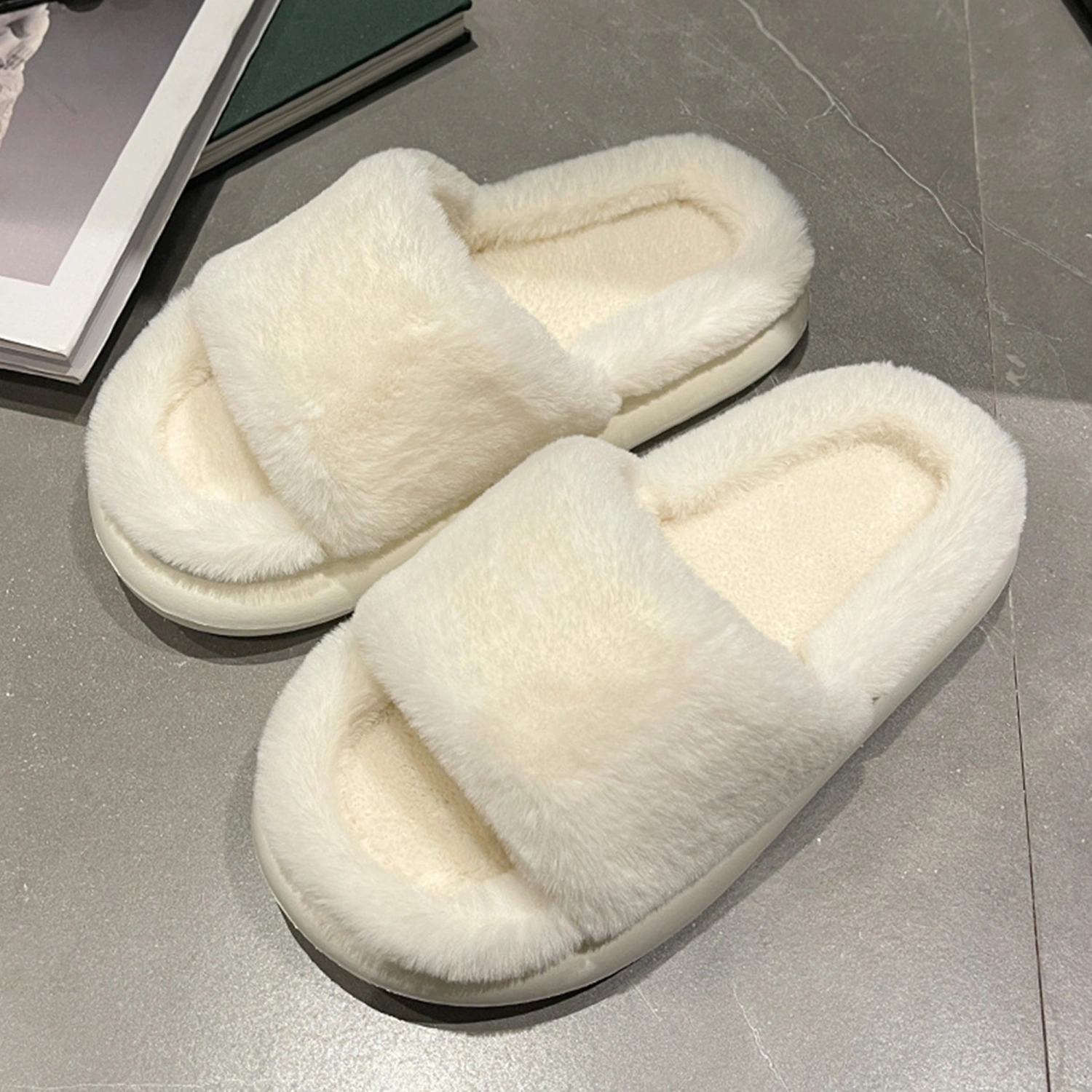 Women Men Fuzzy Slippers Open Toe Thick Soft Sole Winter House Shoes
