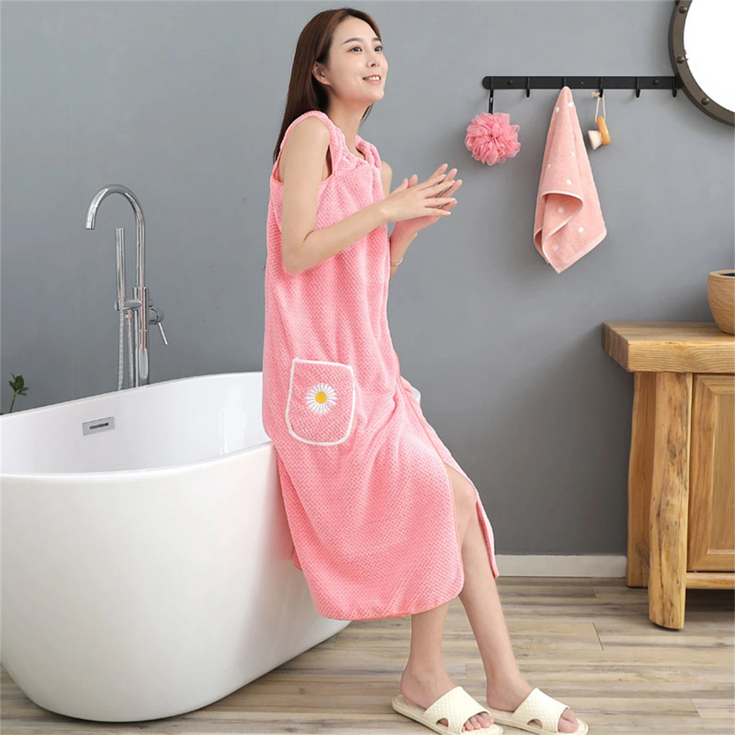 Women's Long Towel Dress Square Neck Elastic Suspender Bath Robe