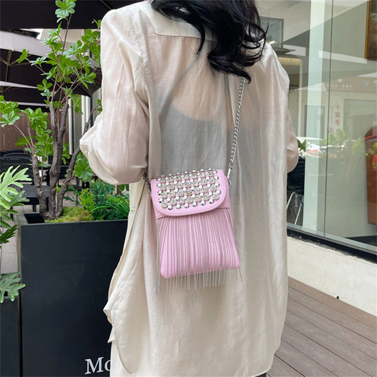 Women Crossbody Bag with Magnetic Buckle Rivet Tassel Shoulder Bag