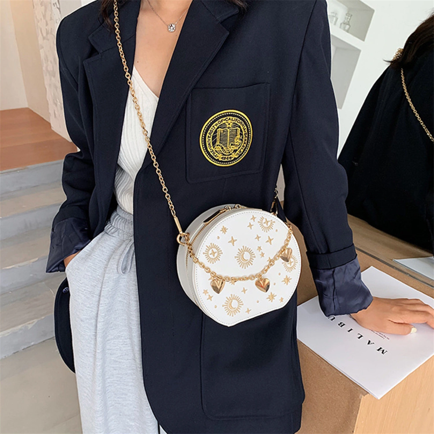 Women Chain Shoulder Bag, Embroidery Stars Moon Crossbody Bag