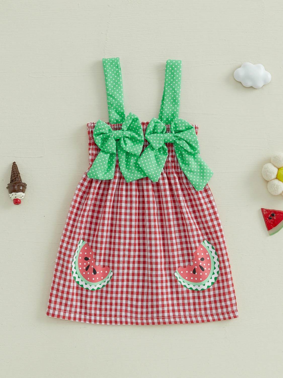 Baby Girl Slip Dress, Sweet Bow Watermelon Print Plaid Dress