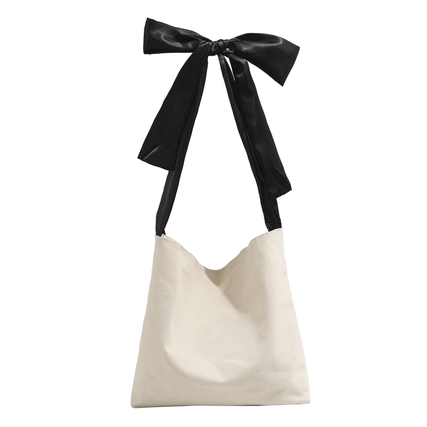 Women Shoulder Bag Contrast Color Tie-up Large Capacity Canvas Handbag