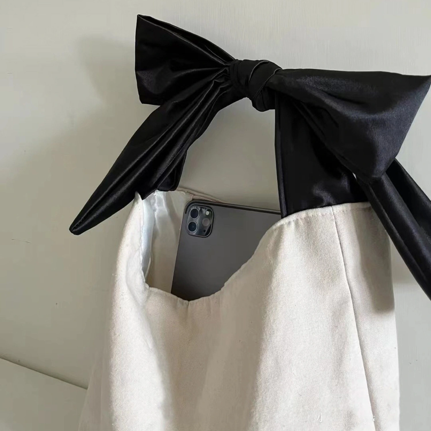Women Shoulder Bag Contrast Color Tie-up Large Capacity Canvas Handbag