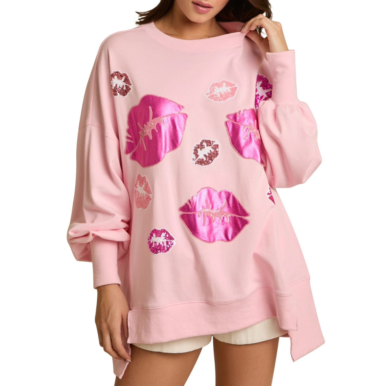 Women Trendy Loose Sweatshirts Sequin Lip Print Side Split Pullovers