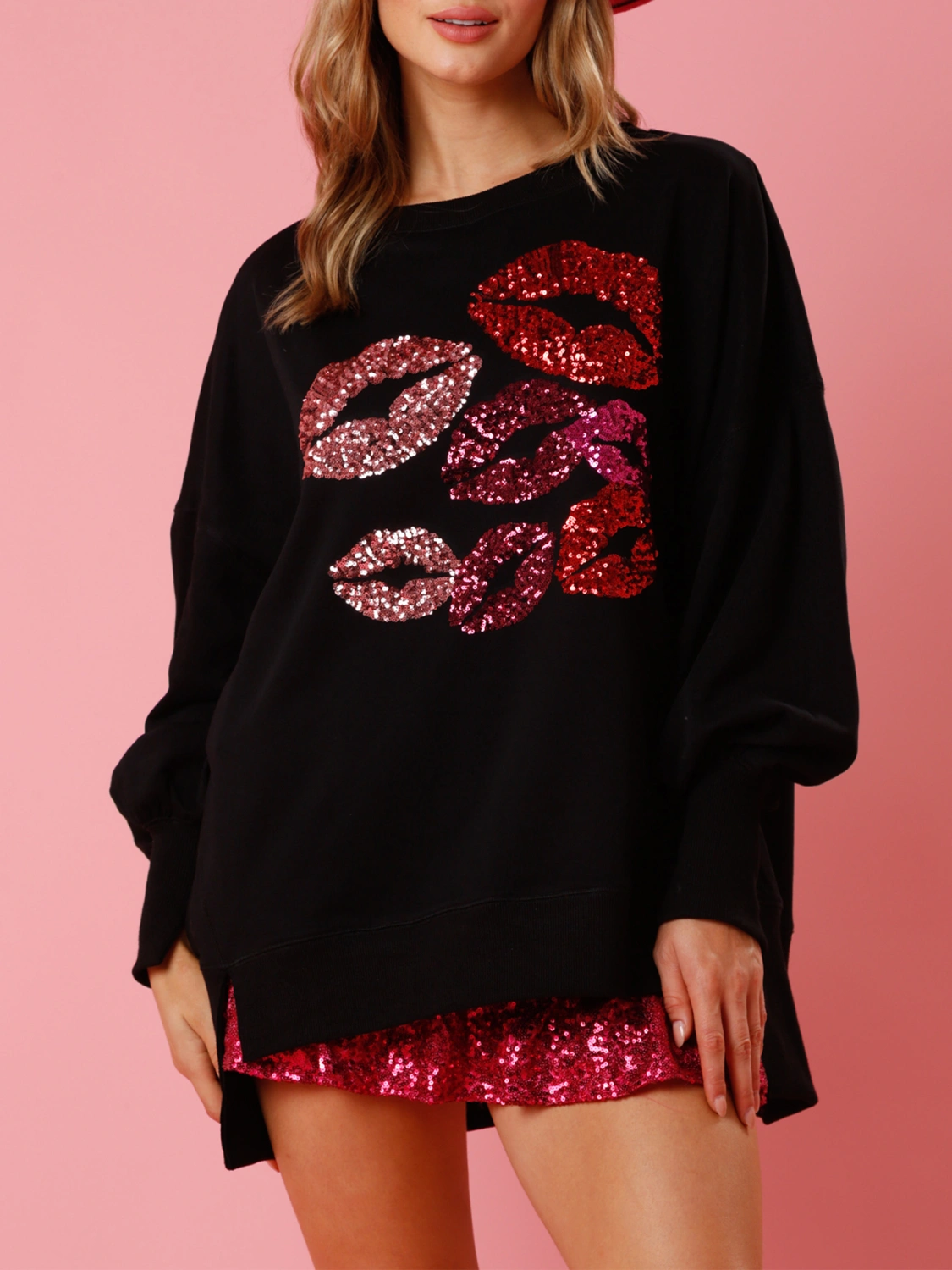 Women Trendy Loose Sweatshirts Sequin Lip Print Side Split Pullovers