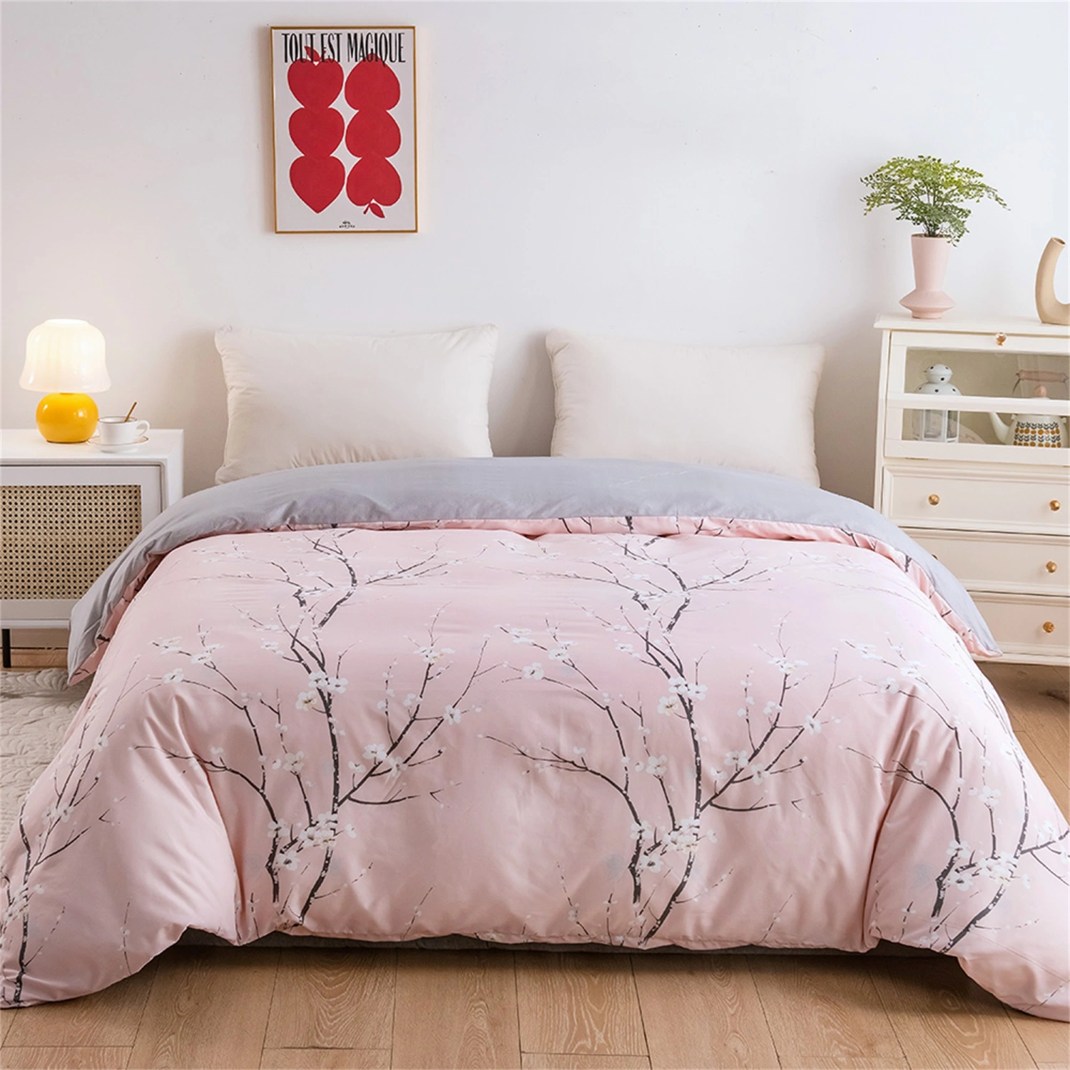 Duvet Cover Set Plum Blossom Print Down Comforter Cover Pillow Shams